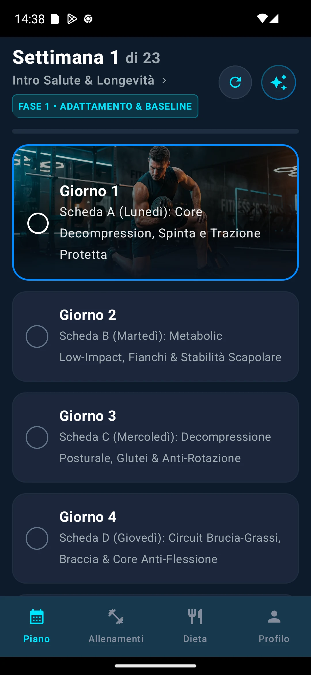 InShape - Schermata principale dell'app fitness