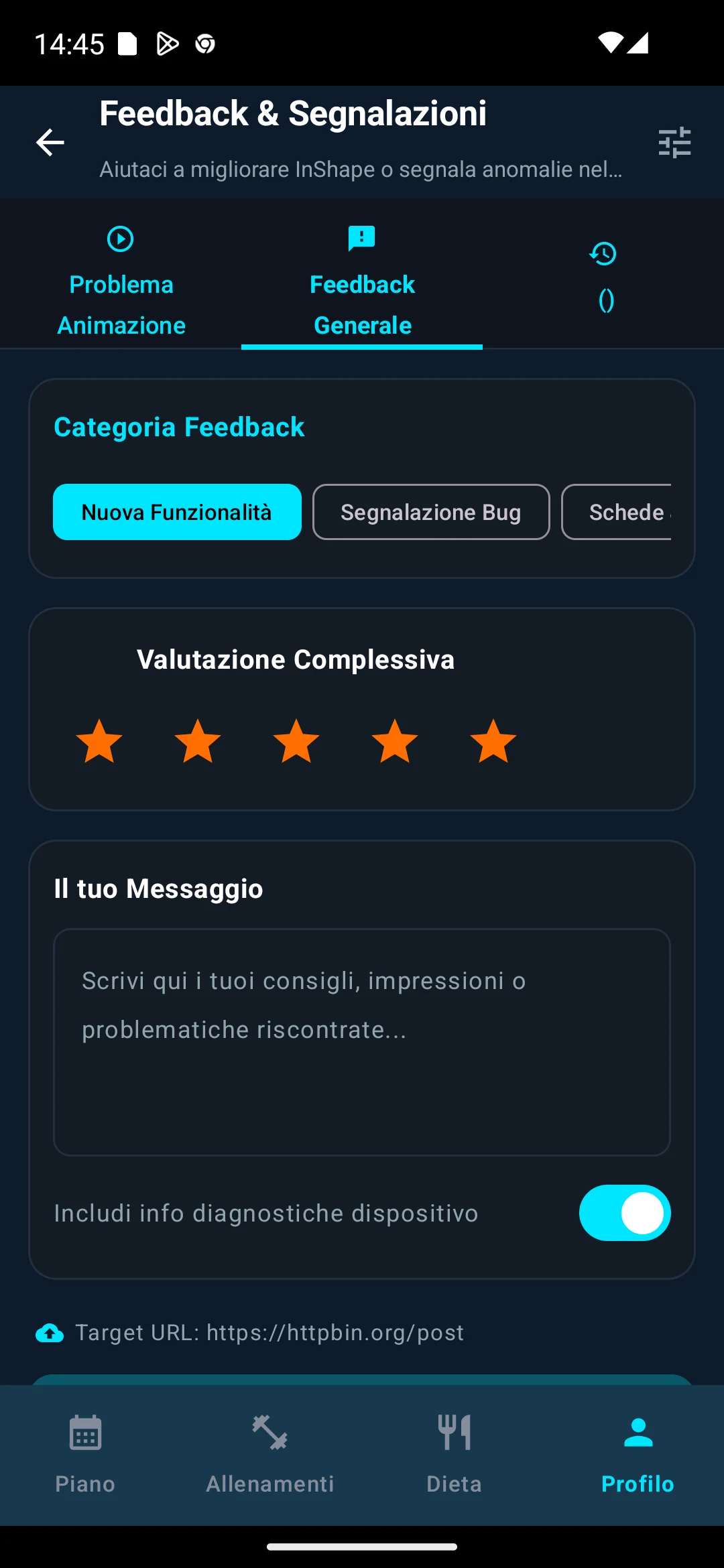 InShape - Segnalazione problemi animazioni e feedback in-app