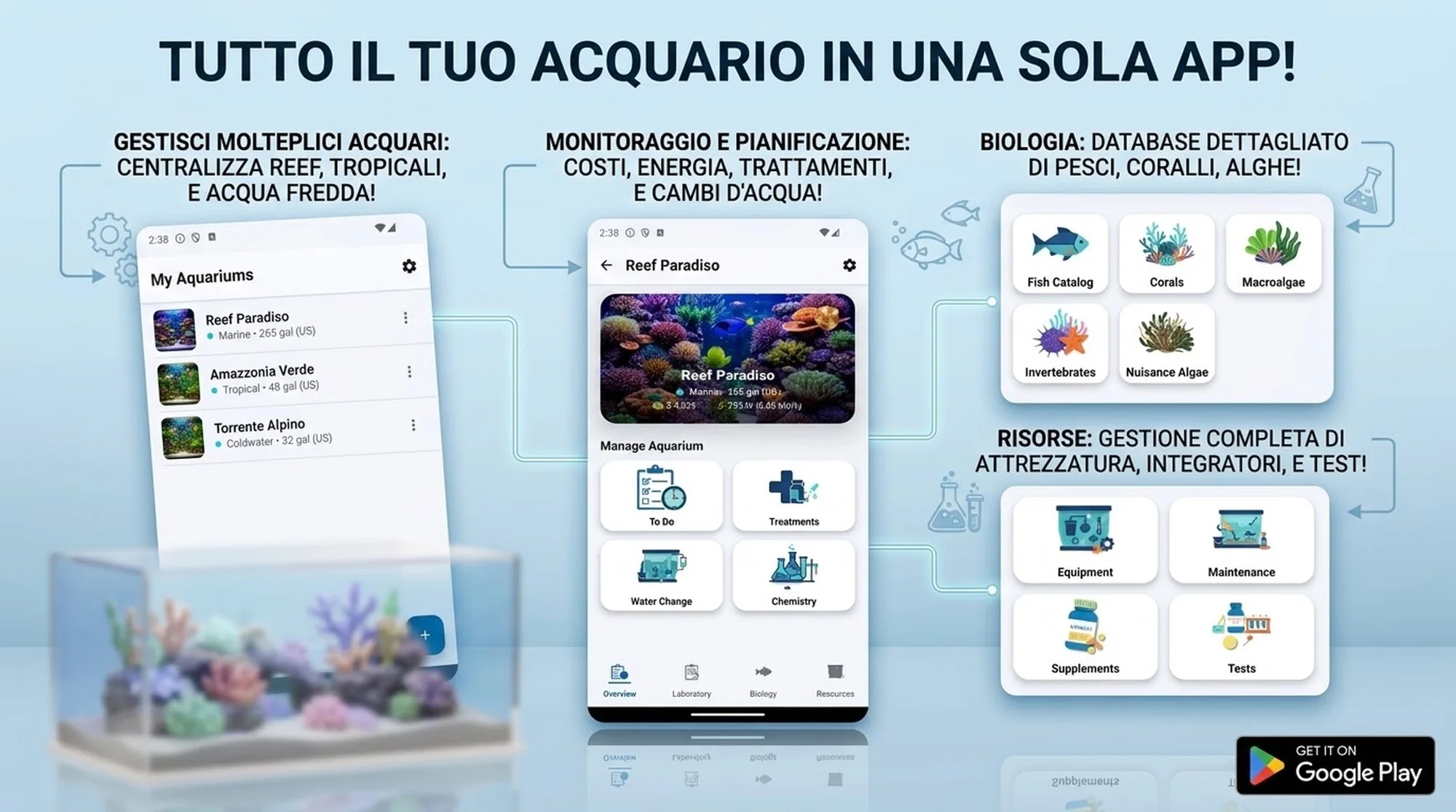 Reef Guru – panoramica multi-vasca e navigazione app