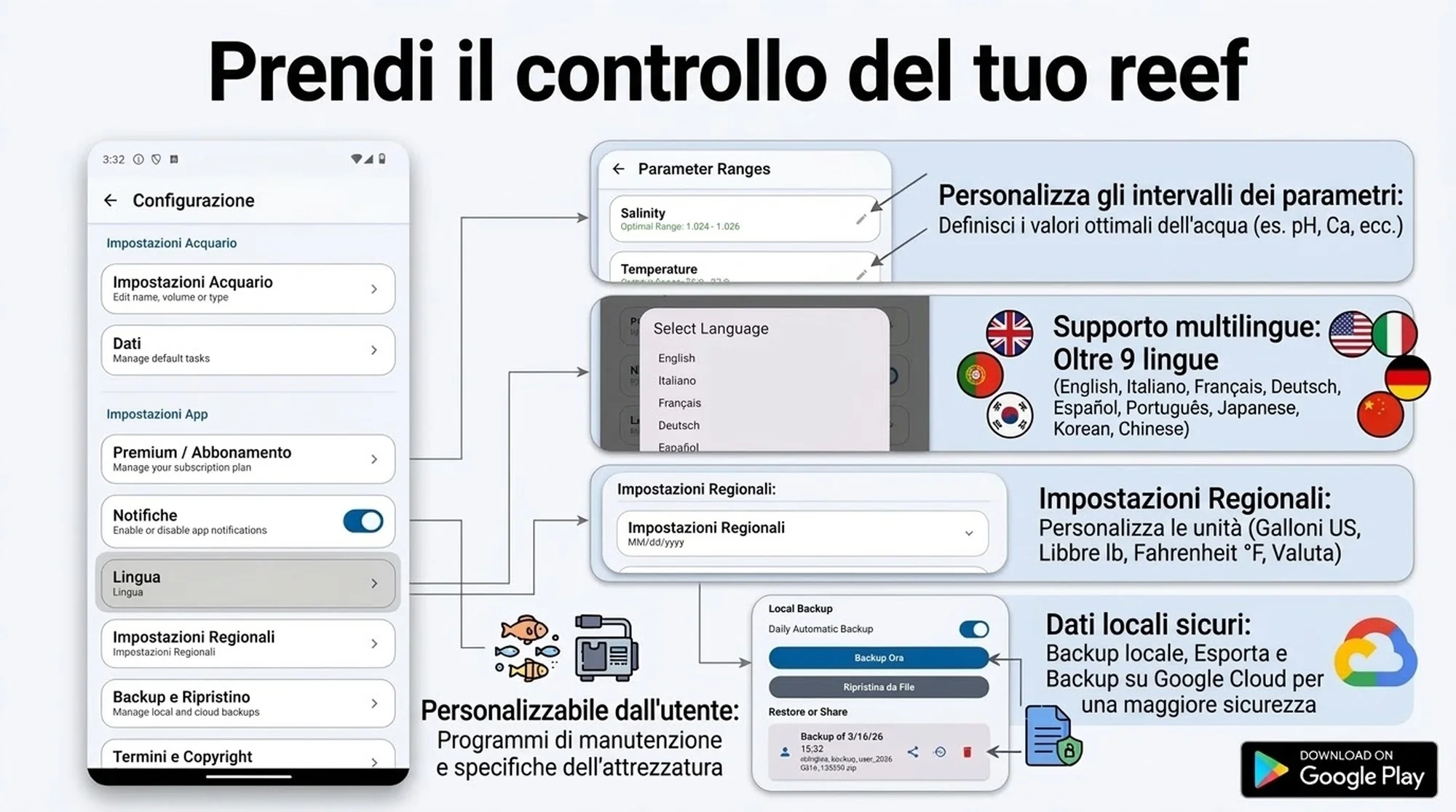 Reef Guru – preferenze, lingue e backup dati