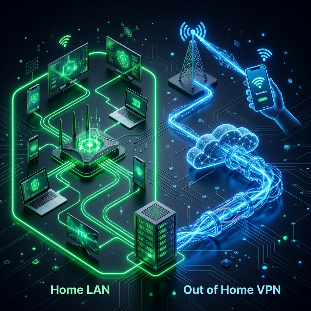 Schema LAN vs Rete Mobile con Tailscale e AdGuard