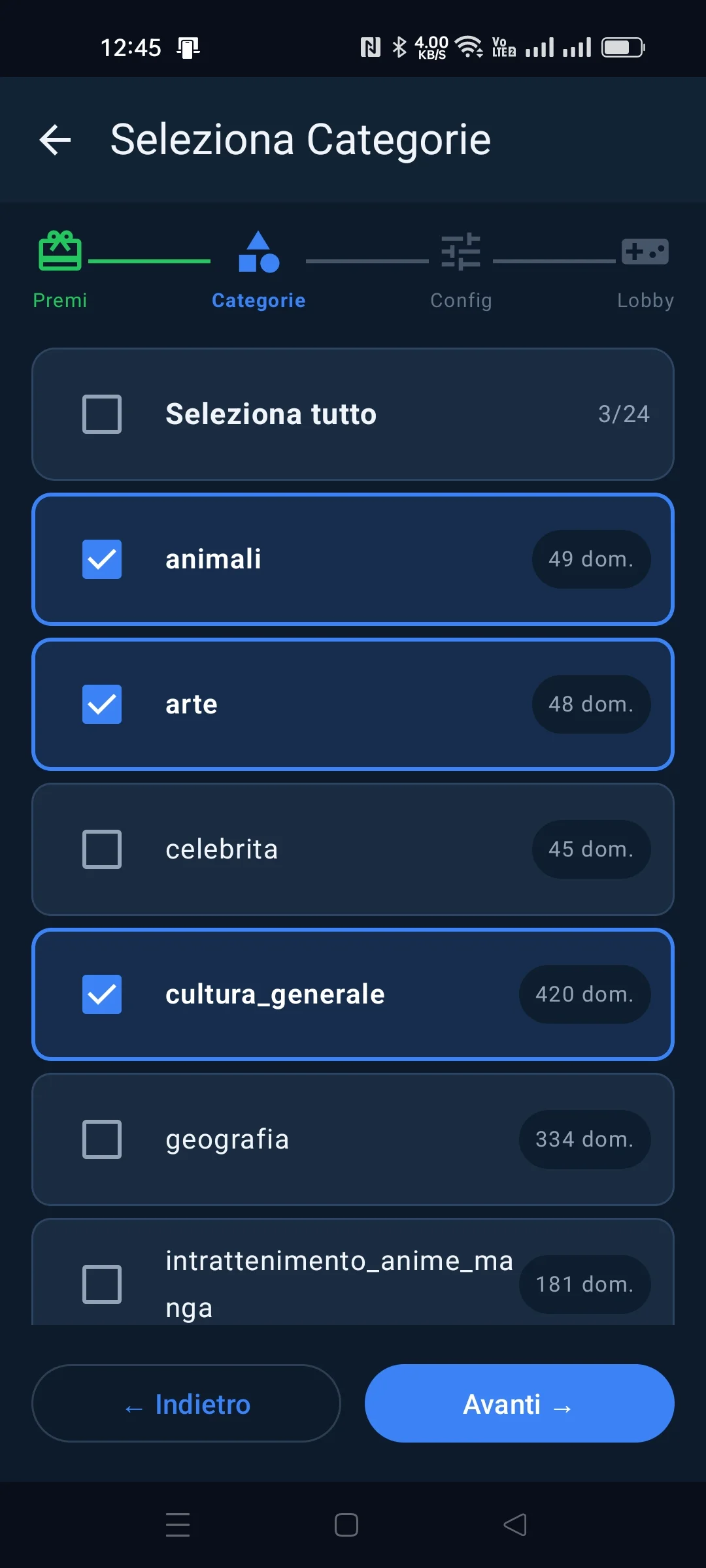 Wizard SocialQuiz - scelta categorie