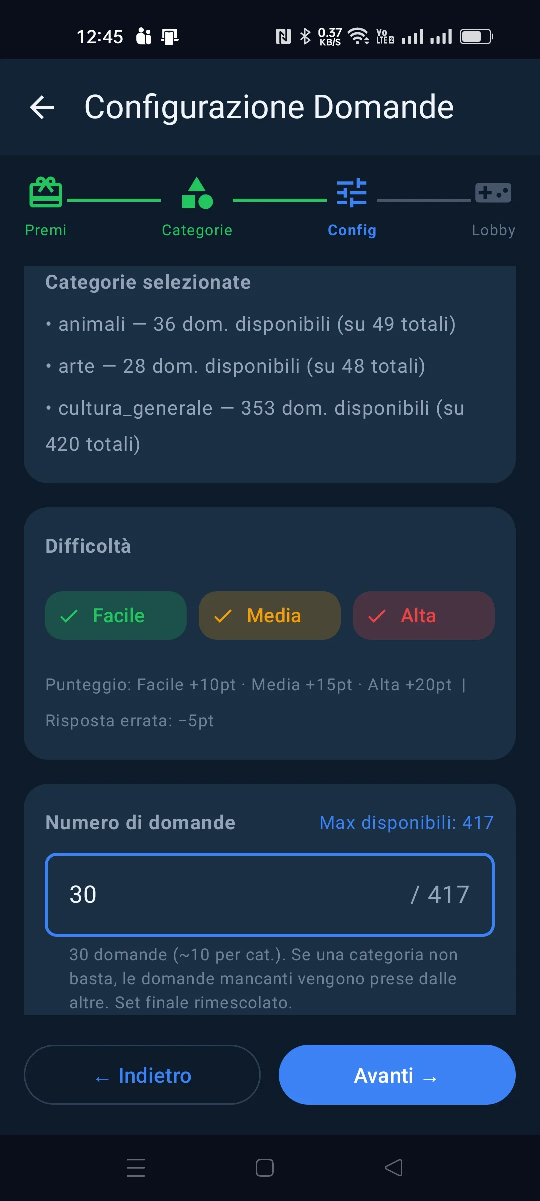 Wizard SocialQuiz - configurazione partita