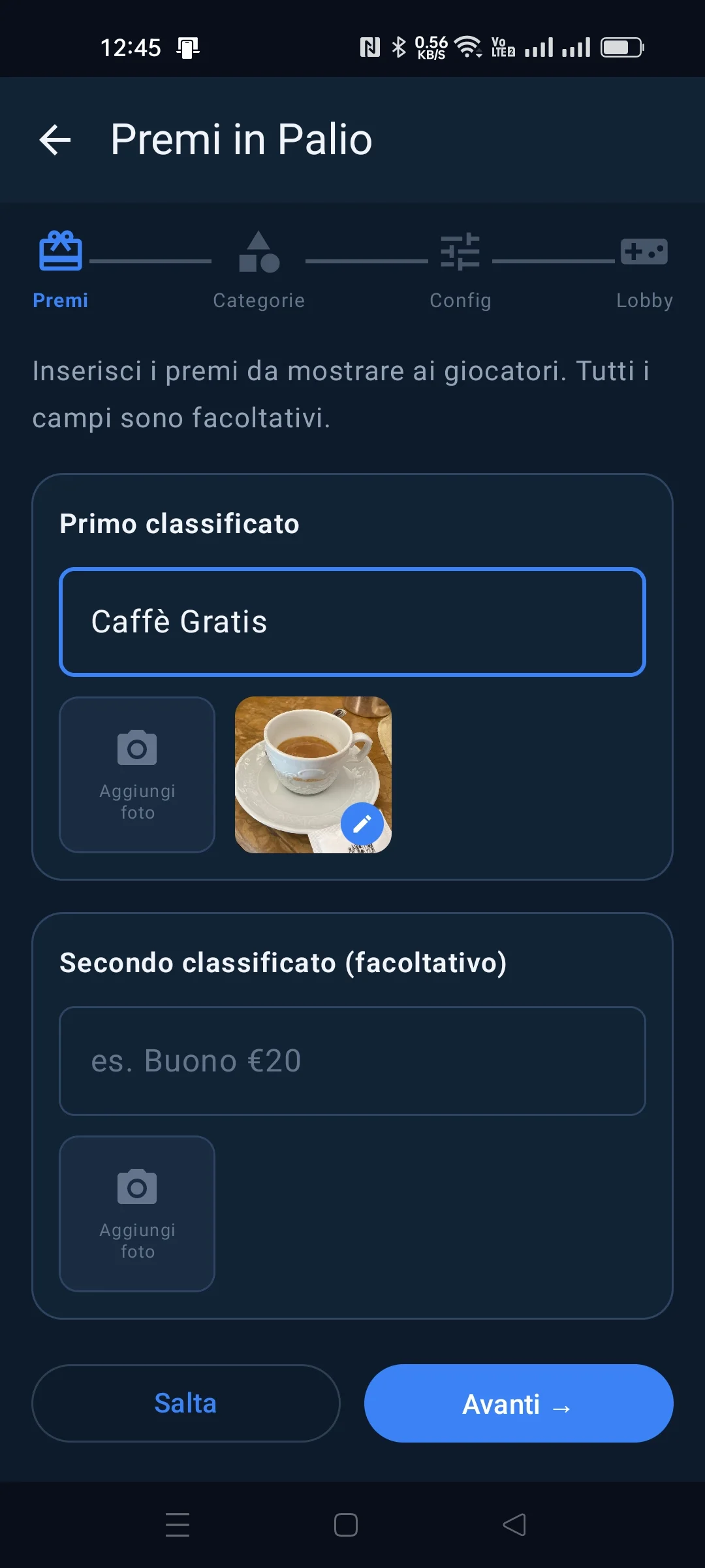 Wizard SocialQuiz - imposta i premi